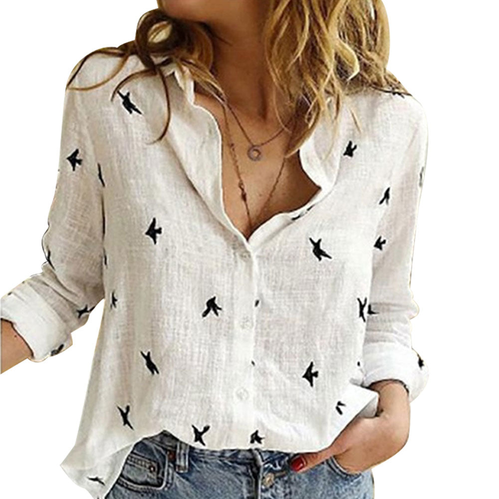 Casual Long Sleeve Birds Print Loose Shirts Women Oversized Cotton and Linen Blouses and Tops Vintage Streetwear Tunic Tees