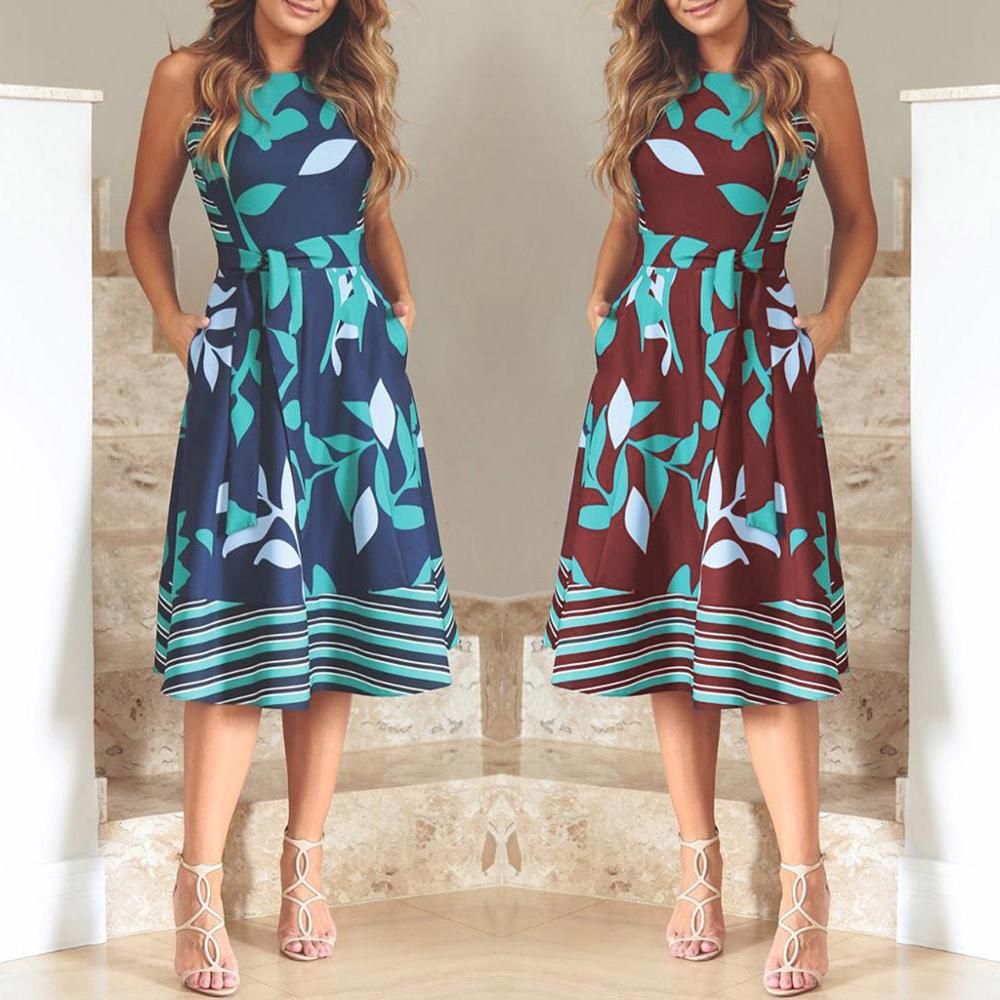 Women Summer Printed Dress O Neck Sleeveless Boho Sashes A Line Dress Casual Ladies Beach Dress Sexy Robe