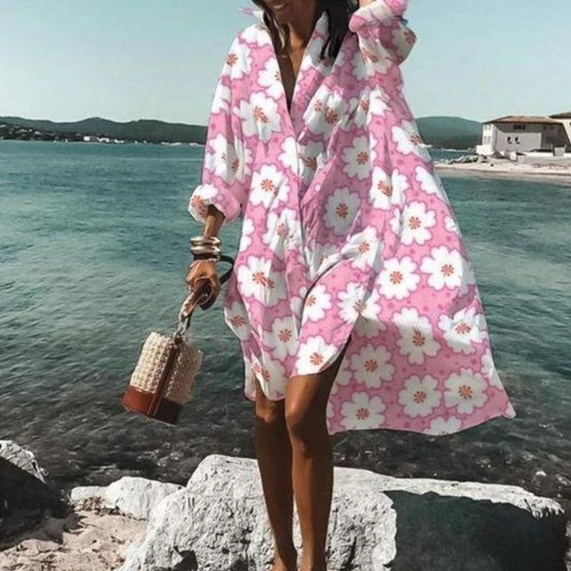 Summer Women Dresses Casual Long Sleeve Shirt Dress Oversized