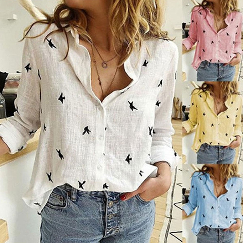 Casual Long Sleeve Birds Print Loose Shirts Women Oversized Cotton and Linen Blouses and Tops Vintage Streetwear Tunic Tees