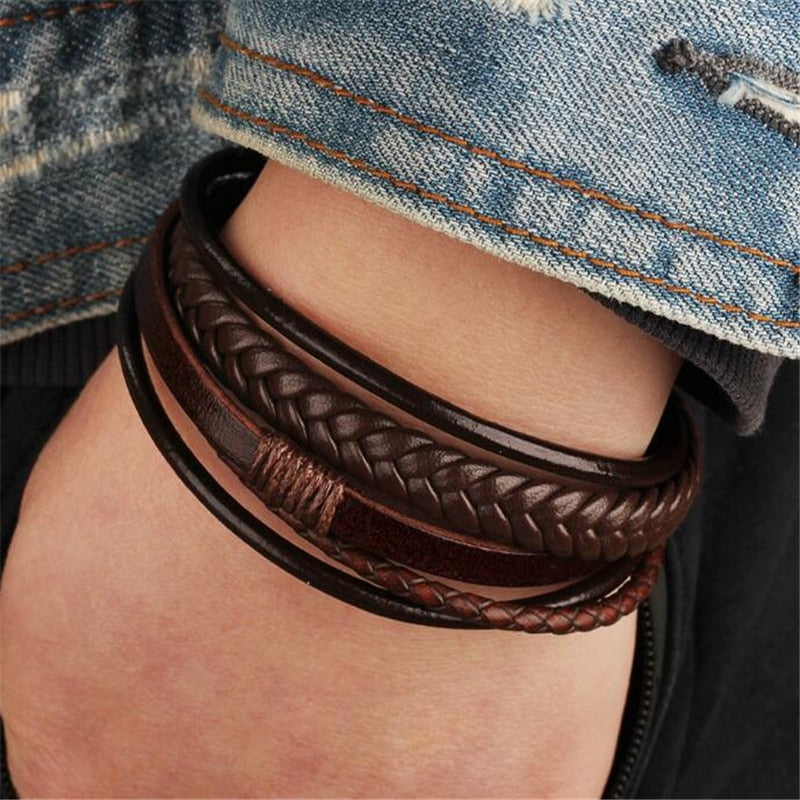 Trendy Genuine Leather Bracelets Mens Multilayer Braided Rope Bracelets Male Female Bracelets Retro Jewelry
