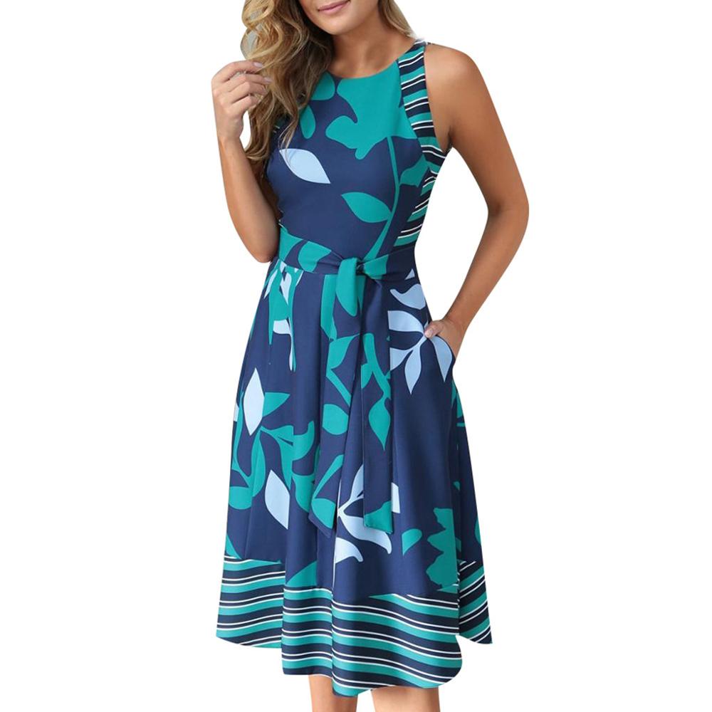 Women Summer Printed Dress O Neck Sleeveless Boho Sashes A Line Dress Casual Ladies Beach Dress Sexy Robe
