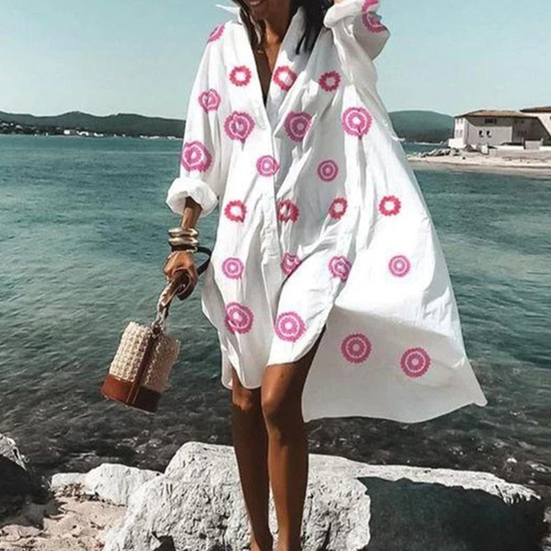 Summer Women Dresses Casual Long Sleeve Shirt Dress Oversized