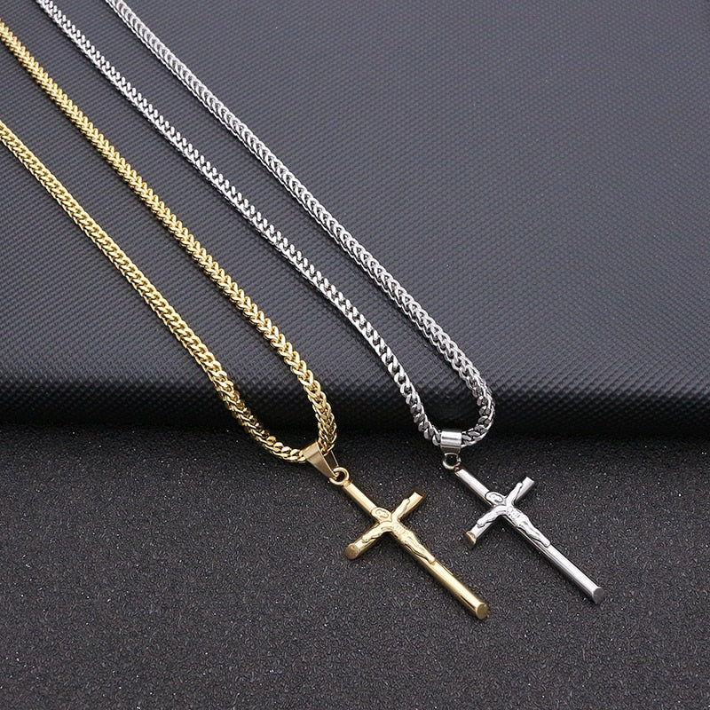 Luxury unisex Cross Necklace Stainless Steel 23.6 inches Chain Pendant Cross Gold Color Men-Women Best Gift