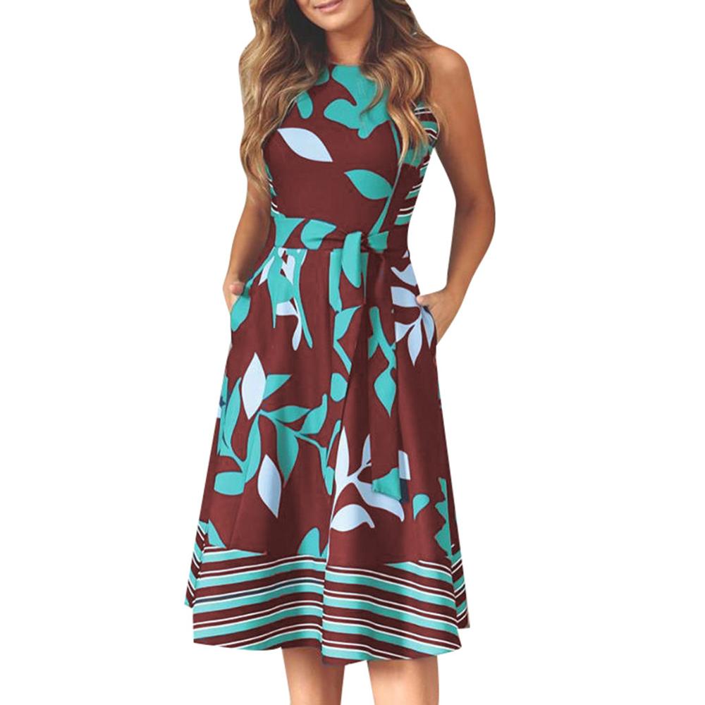 Women Summer Printed Dress O Neck Sleeveless Boho Sashes A Line Dress Casual Ladies Beach Dress Sexy Robe