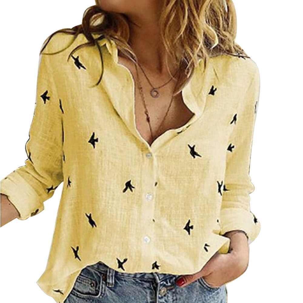 Casual Long Sleeve Birds Print Loose Shirts Women Oversized Cotton and Linen Blouses and Tops Vintage Streetwear Tunic Tees
