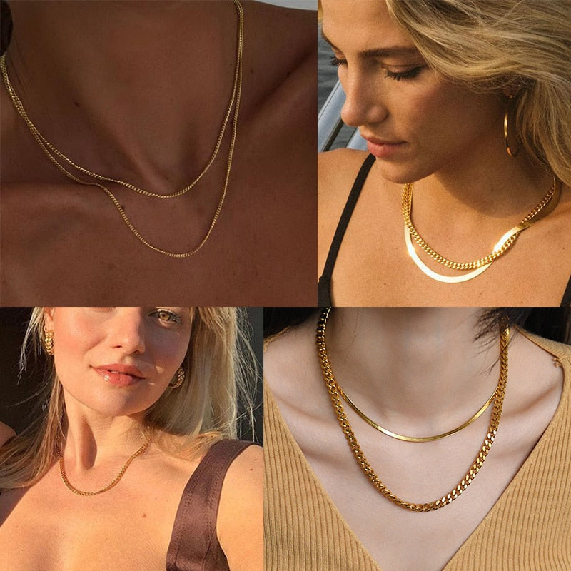 Vnox Cuban Chain Necklace for Men Women, Basic Punk Stainless Steel Curb Link Chain Chokers,Vintage Gold Color Solid Metal Colla