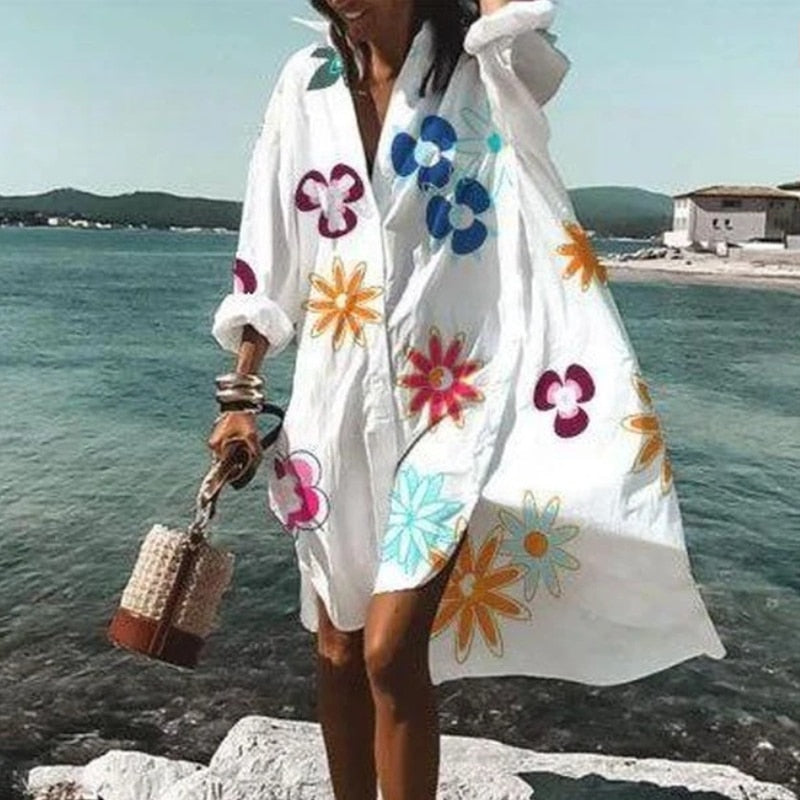 Summer Women Dresses Casual Long Sleeve Shirt Dress Oversized