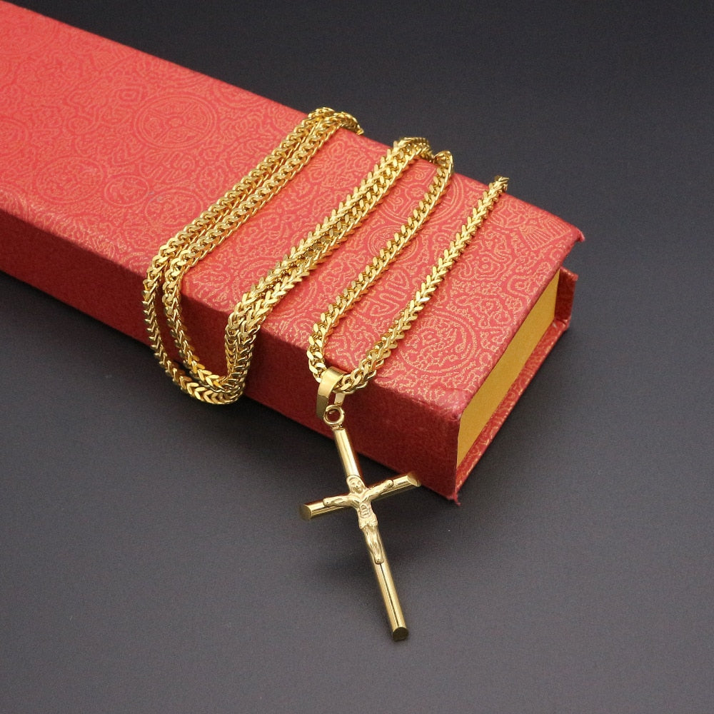 Luxury unisex Cross Necklace Stainless Steel 23.6 inches Chain Pendant Cross Gold Color Men-Women Best Gift