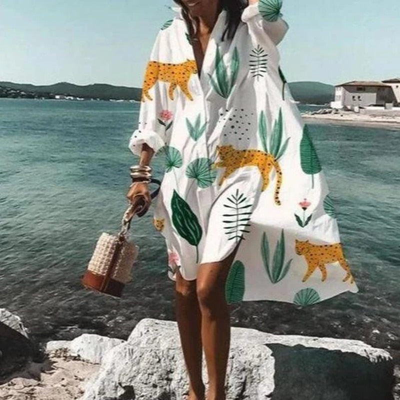 Summer Women Dresses Casual Long Sleeve Shirt Dress Oversized