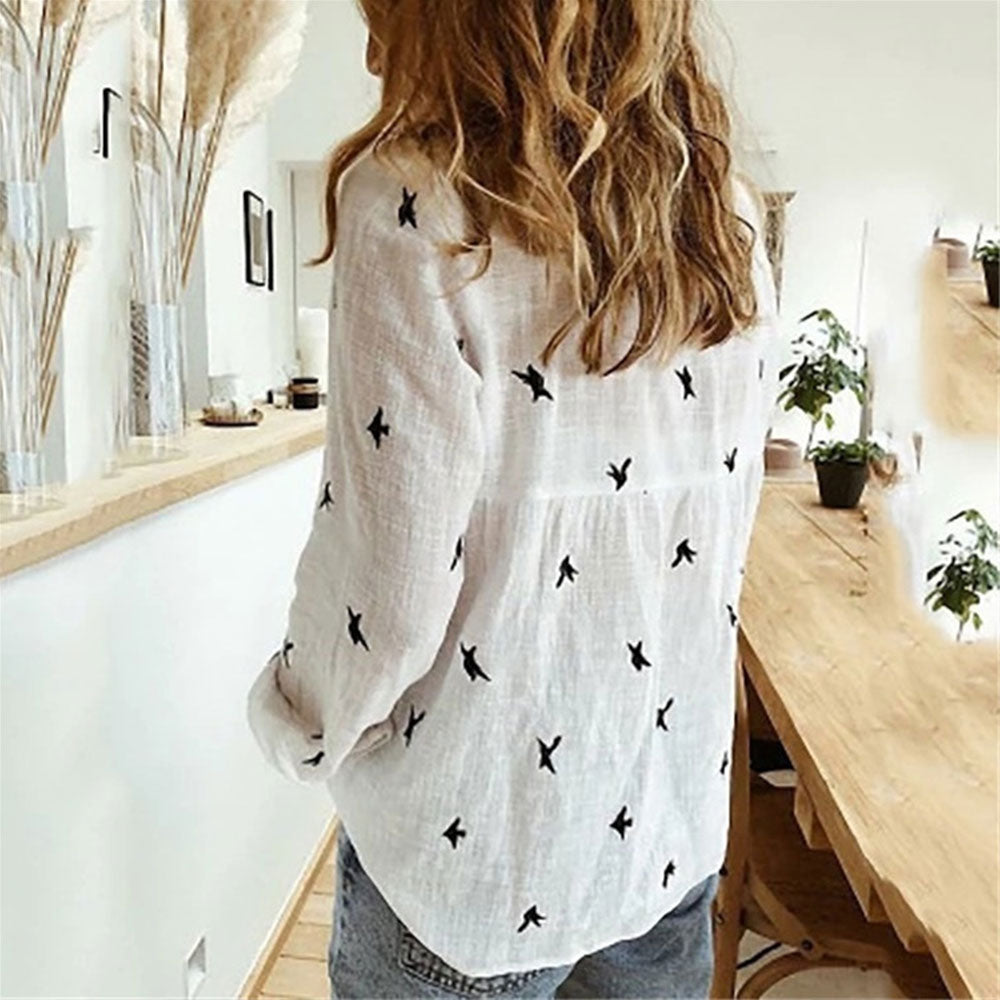 Casual Long Sleeve Birds Print Loose Shirts Women Oversized Cotton and Linen Blouses and Tops Vintage Streetwear Tunic Tees