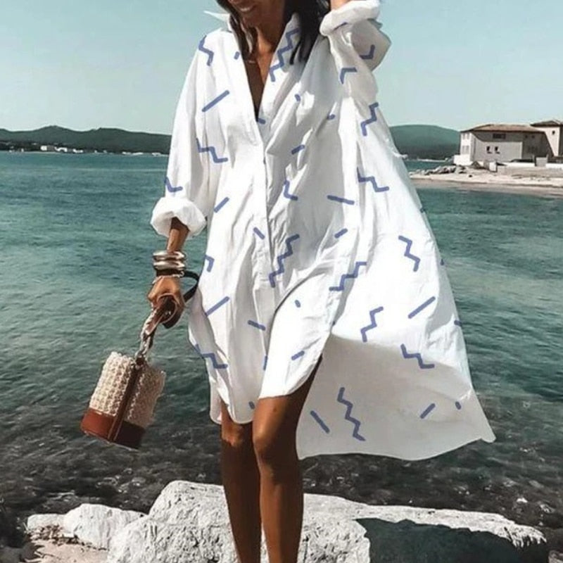 Summer Women Dresses Casual Long Sleeve Shirt Dress Oversized