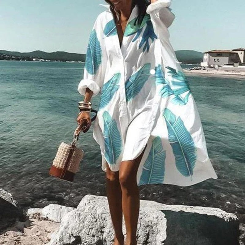 Summer Women Dresses Casual Long Sleeve Shirt Dress Oversized