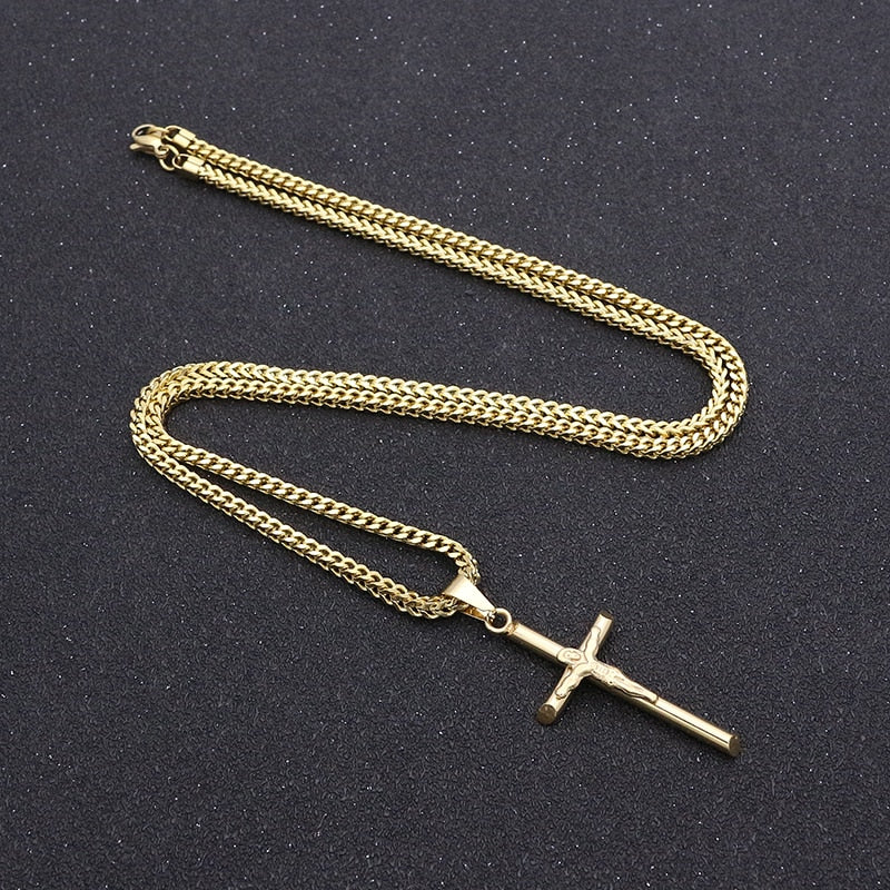 Luxury unisex Cross Necklace Stainless Steel 23.6 inches Chain Pendant Cross Gold Color Men-Women Best Gift