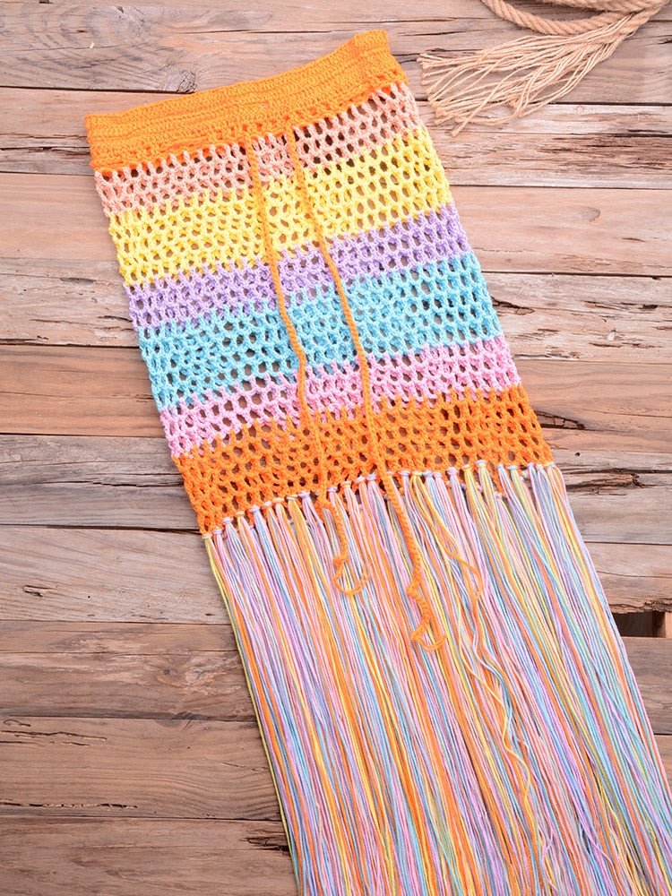 Women's Beach Cover-up Fashion Tunic bandage Bathing Suits Crocheted Rainbow Print Hollow Out Fringe bikini Skirt Dress