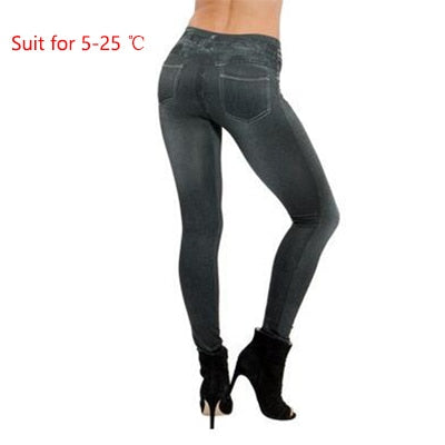 Sexy Leggings Women Lined Spring Autumn Print Jeans Sportwear Slim Jeggings Two Real Pockets Woman Fitness Pants