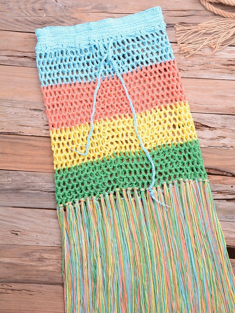 Women's Beach Cover-up Fashion Tunic bandage Bathing Suits Crocheted Rainbow Print Hollow Out Fringe bikini Skirt Dress