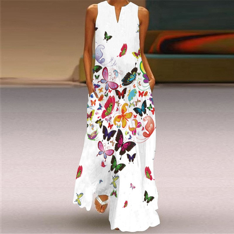 WAY OF LOVE Ladies Spring Summer Long Dress Women White Sleeveless V-neck Slim Elegant Dresses Beach Butterfly Print Vintage Dress