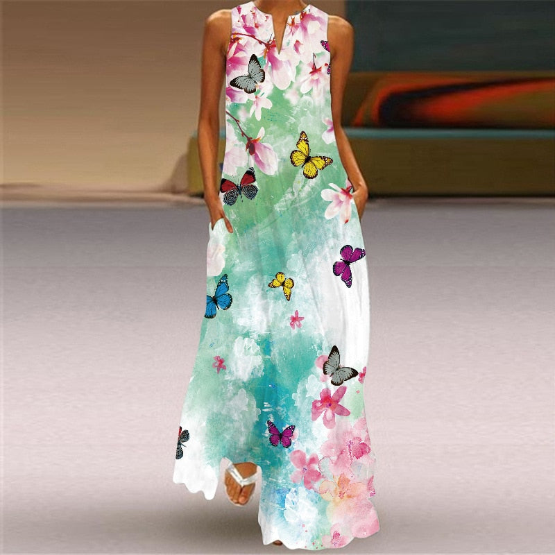 WAY OF LOVE Ladies Spring Summer Long Dress Women White Sleeveless V-neck Slim Elegant Dresses Beach Butterfly Print Vintage Dress