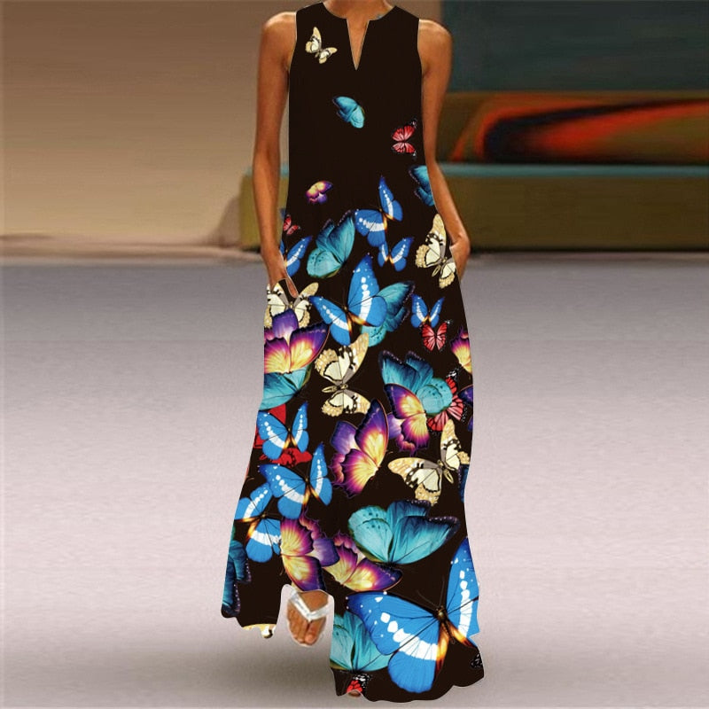 WAY OF LOVE Ladies Spring Summer Long Dress Women White Sleeveless V-neck Slim Elegant Dresses Beach Butterfly Print Vintage Dress