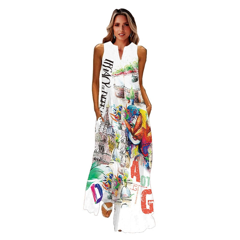 WAY OF LOVE Ladies Spring Summer Long Dress Women White Sleeveless V-neck Slim Elegant Dresses Beach Butterfly Print Vintage Dress