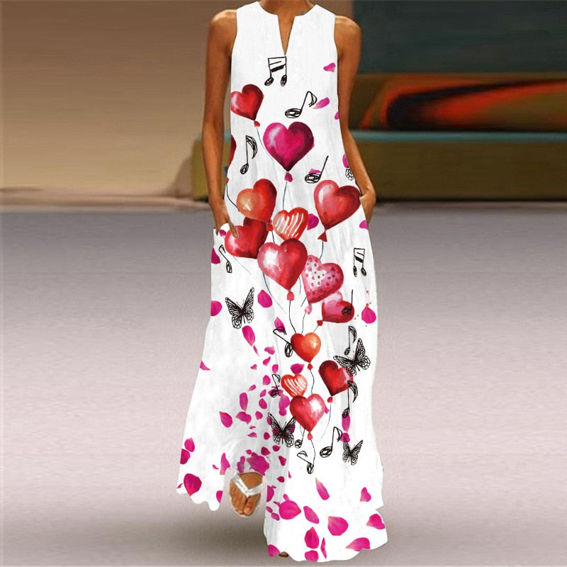 WAY OF LOVE Ladies Spring Summer Long Dress Women White Sleeveless V-neck Slim Elegant Dresses Beach Butterfly Print Vintage Dress