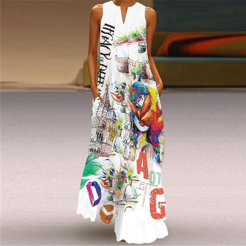 WAY OF LOVE Ladies Spring Summer Long Dress Women White Sleeveless V-neck Slim Elegant Dresses Beach Butterfly Print Vintage Dress