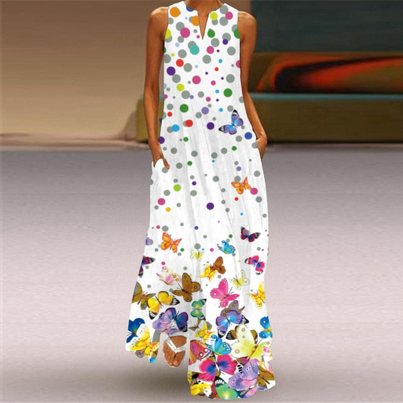 WAY OF LOVE Ladies Spring Summer Long Dress Women White Sleeveless V-neck Slim Elegant Dresses Beach Butterfly Print Vintage Dress