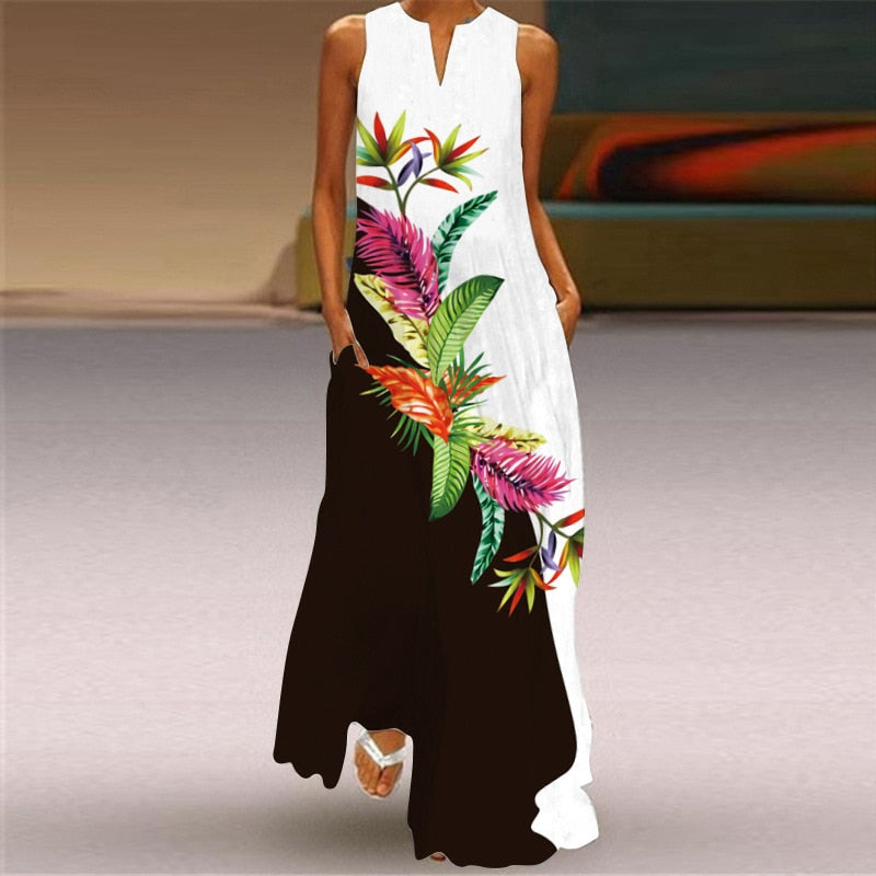 WAY OF LOVE Ladies Spring Summer Long Dress Women White Sleeveless V-neck Slim Elegant Dresses Beach Butterfly Print Vintage Dress