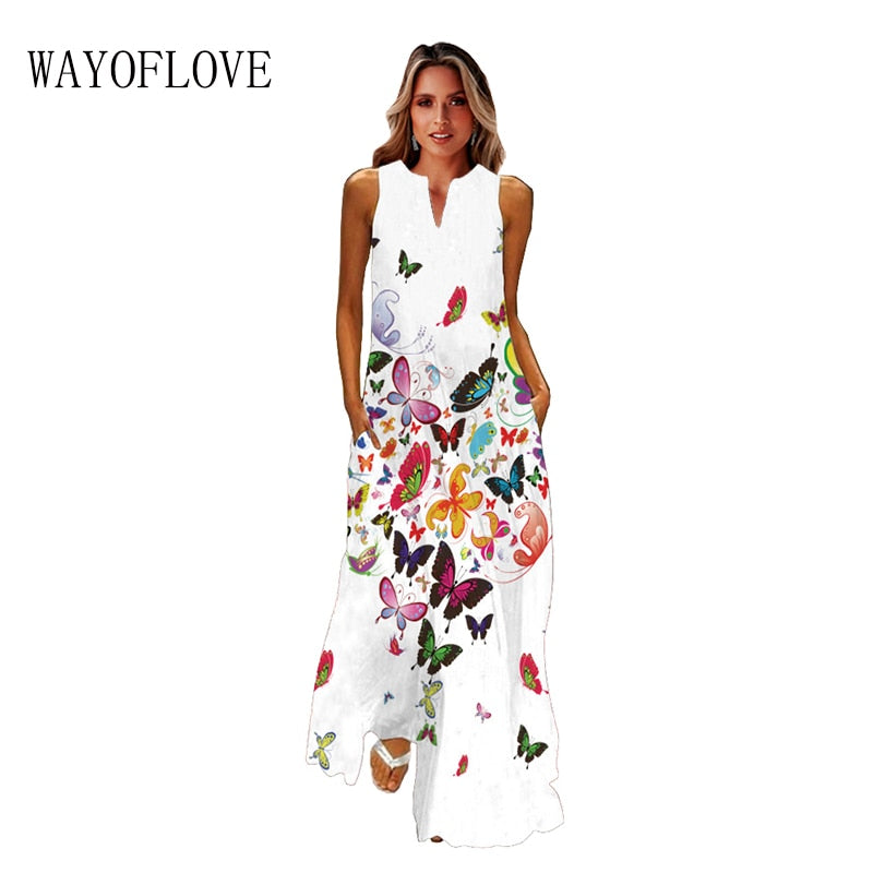 WAY OF LOVE Ladies Spring Summer Long Dress Women White Sleeveless V-neck Slim Elegant Dresses Beach Butterfly Print Vintage Dress