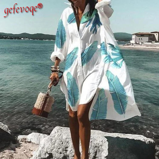 Summer Women Dresses Casual Long Sleeve Shirt Dress Oversized