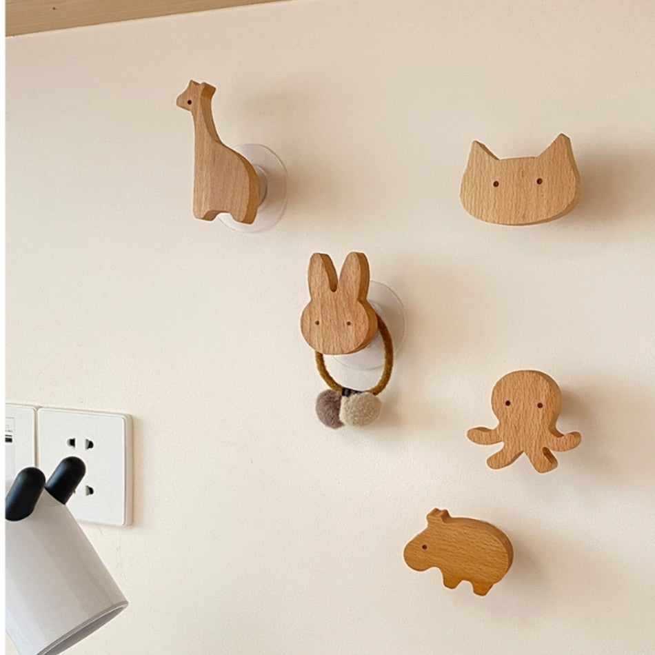 Wooden Hooks Cute Room Decor Animal Hook Wall Keychain Coat Hook Home Decoration Solid Wood Hook Hanger Kitchen Accessories